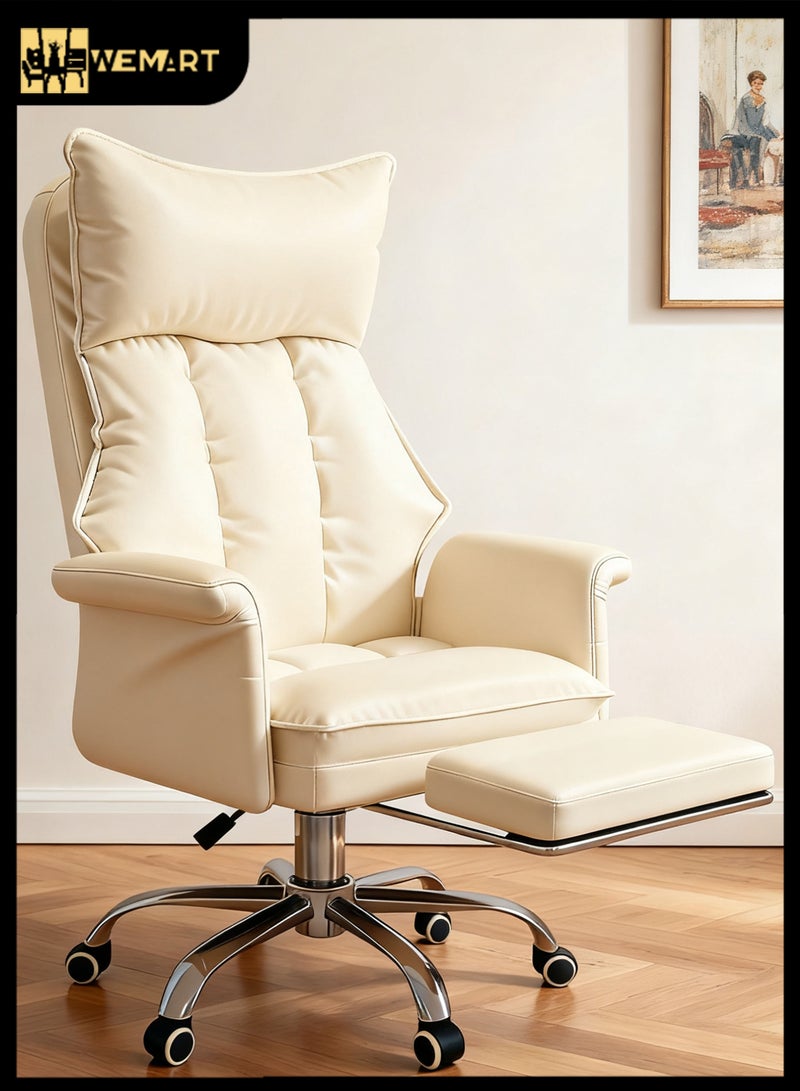 WEMART Ergonomic Desk Chair PU Padded Office Chairs,Computer Chair with Wheels and Leg Support,PU Leather Recliner,Breathable Chairs Adjustable Height for Home Office Living Room,White - Image 1