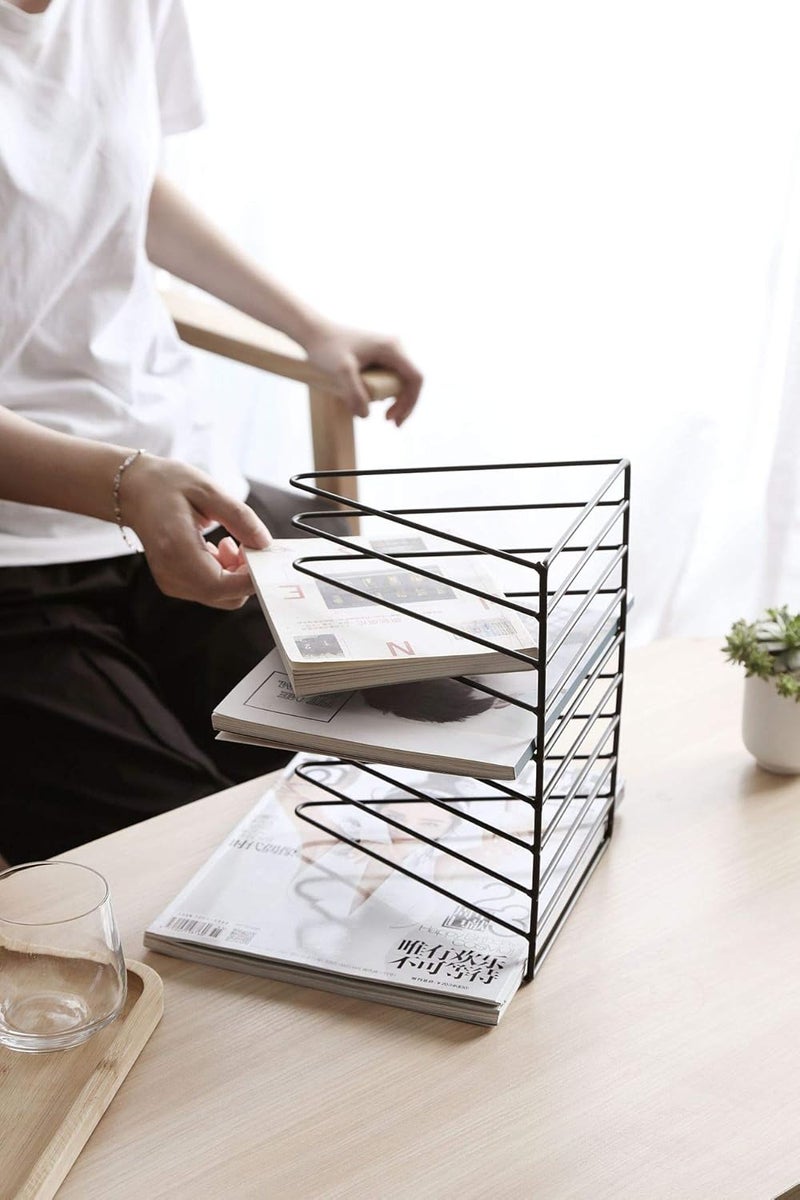 Sooyee 9 Slot White Magazine Holder,Desktop File Sorter Organizer Triangle Bookshelf Decor Home Office - Image 5