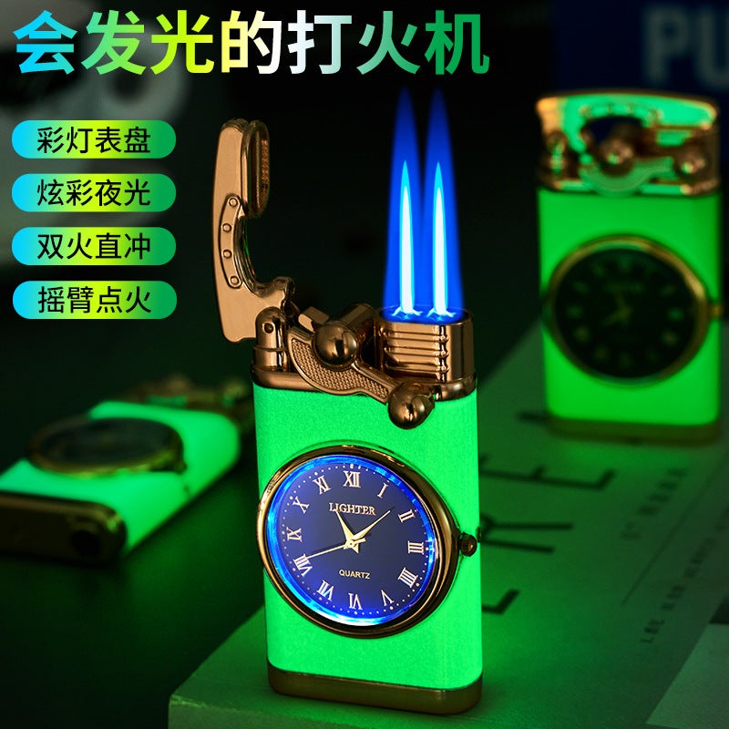 Metal Rocker Arm Double Fire Lantern Lighter Flushable Windproof Double Straight Belt Watch Advertising Gift Cross-Mirror - Image 3