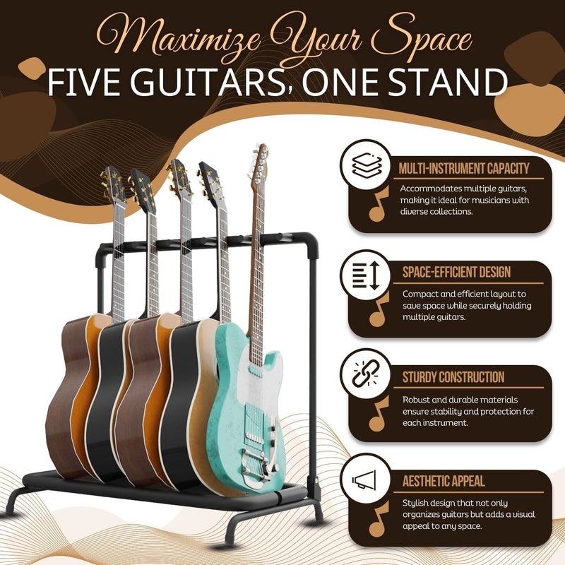 Flexzion Metal Construction Foldable 5 Guitar Rack & Organizer - Holder Stand with Padded Foam Tubing for Electric, Acoustic, Classical Guitars & Basses - Image 2