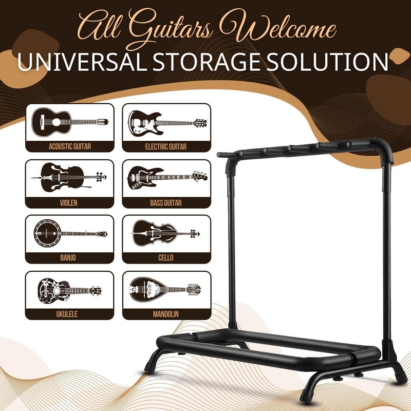 Flexzion Metal Construction Foldable 5 Guitar Rack & Organizer - Holder Stand with Padded Foam Tubing for Electric, Acoustic, Classical Guitars & Basses - Image 3