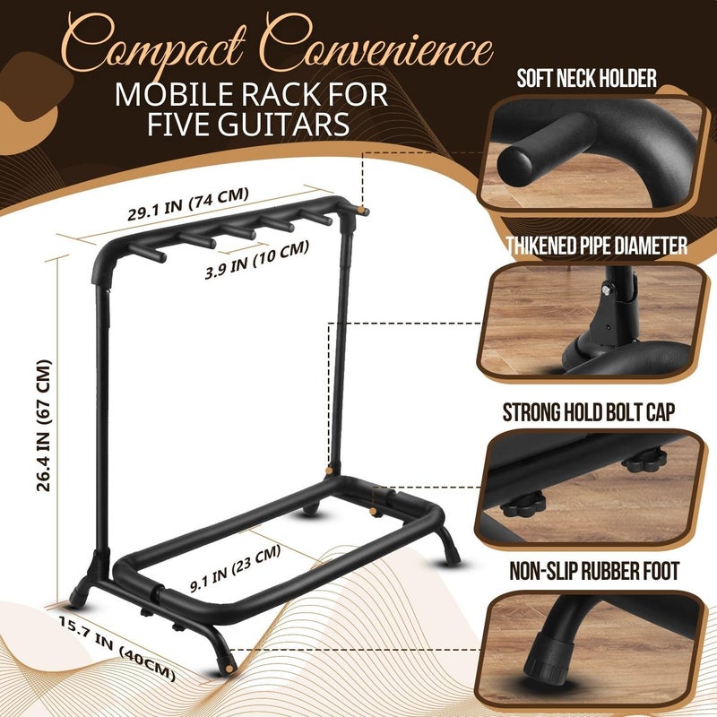 Flexzion Metal Construction Foldable 5 Guitar Rack & Organizer - Holder Stand with Padded Foam Tubing for Electric, Acoustic, Classical Guitars & Basses - Image 4