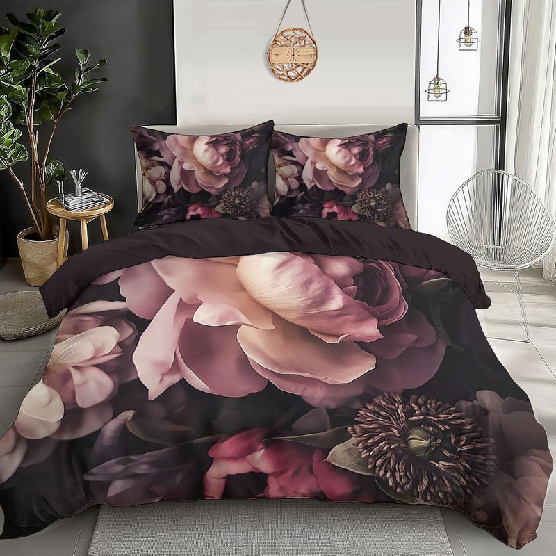 3 Piece Bedding Sets Queen Size - Retro Flowers Bed Set Dark Pink Rose Printed Reversible Design,Soft Microfiber Comforter Duvet Cover Set with Pillow Shams 90 x 90in - Image 1