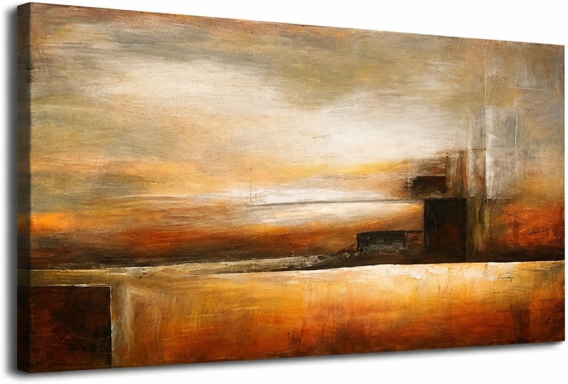 ARS Modern Abstract Landscape Canvas Wall Art, Luxury Tone Oil Painting Style, Textured Gold, Orange and Brown Geometric Panorama Framed Picture for Living Room, Office, Bedroom Home Decor - Image 1
