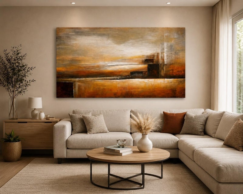 ARS Modern Abstract Landscape Canvas Wall Art, Luxury Tone Oil Painting Style, Textured Gold, Orange and Brown Geometric Panorama Framed Picture for Living Room, Office, Bedroom Home Decor - Image 2