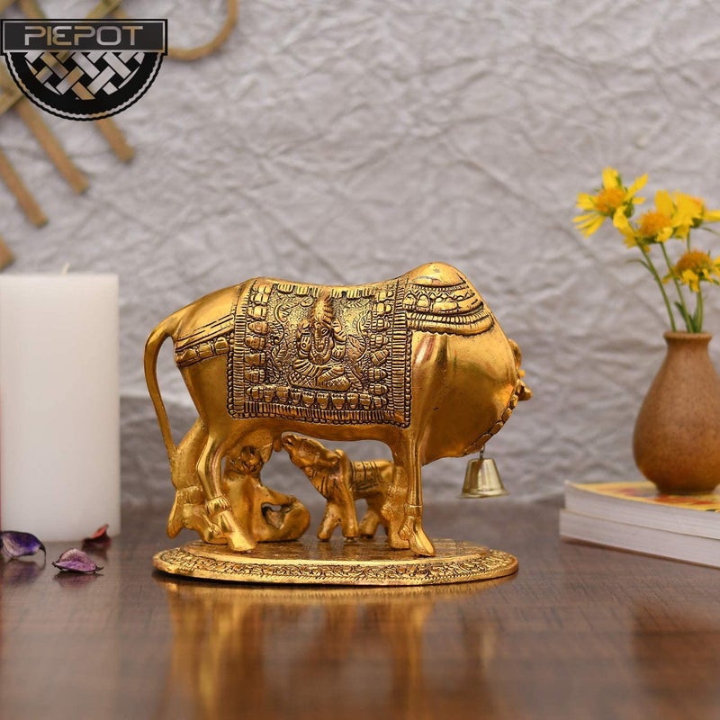 PIEPOT Collectible Gifts Metal Cow n Calf Kamdhenu Statue Gold Plated Set of 1 Gift Item Home Decoration Cow Calf Laddu Gopal Ji - Image 3