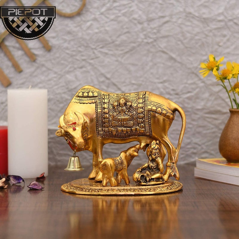 PIEPOT Collectible Gifts Metal Cow n Calf Kamdhenu Statue Gold Plated Set of 1 Gift Item Home Decoration Cow Calf Laddu Gopal Ji - Image 2
