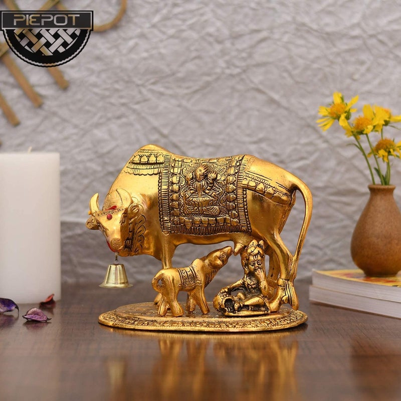 PIEPOT Collectible Gifts Metal Cow n Calf Kamdhenu Statue Gold Plated Set of 1 Gift Item Home Decoration Cow Calf Laddu Gopal Ji - Image 4