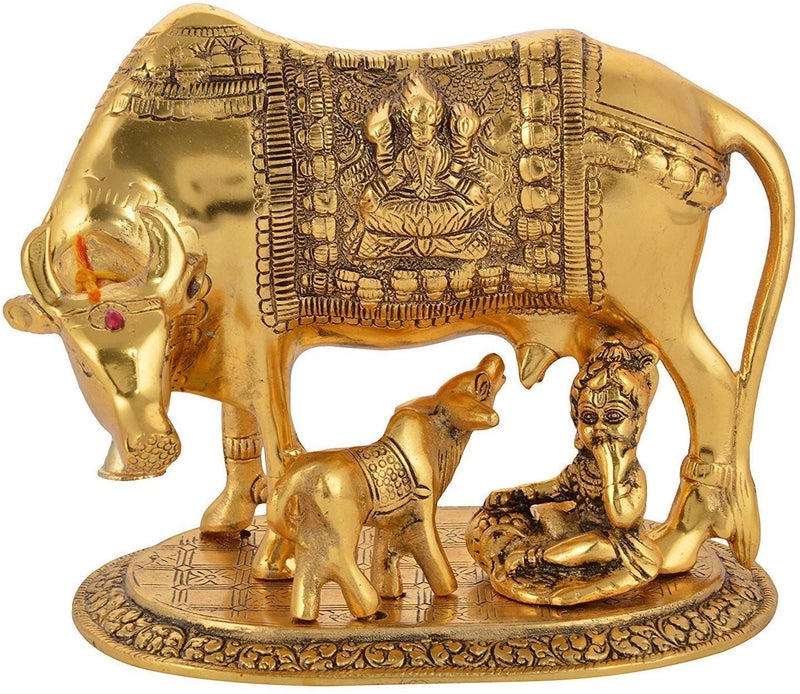 PIEPOT Collectible Gifts Metal Cow n Calf Kamdhenu Statue Gold Plated Set of 1 Gift Item Home Decoration Cow Calf Laddu Gopal Ji - Image 1