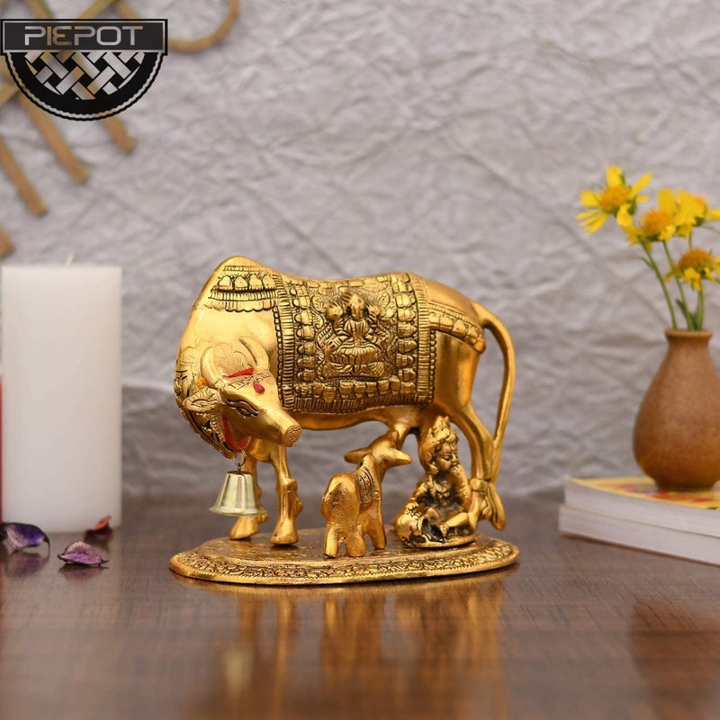 PIEPOT Collectible Gifts Metal Cow n Calf Kamdhenu Statue Gold Plated Set of 1 Gift Item Home Decoration Cow Calf Laddu Gopal Ji - Image 5