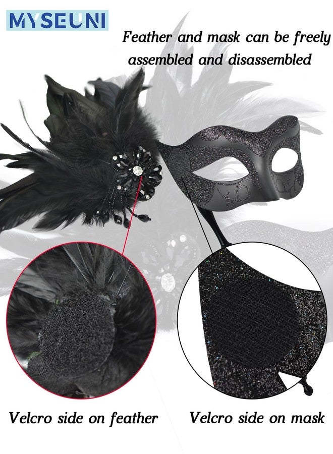 MYSEUNI 2025 New Black Masquerade Mask with Stick - Shiny Women's Feather Mardi Gras Venetian Mask for Halloween Parties, Carnival, Cosplay Prom, Christmas, Wedding, Bar, Costume Accessory - Image 3