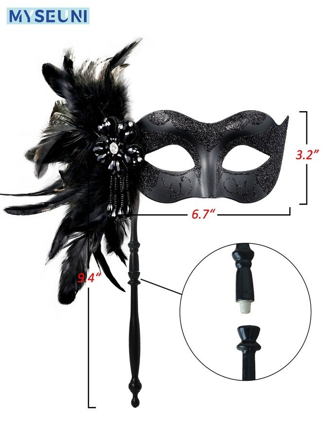 MYSEUNI 2025 New Black Masquerade Mask with Stick - Shiny Women's Feather Mardi Gras Venetian Mask for Halloween Parties, Carnival, Cosplay Prom, Christmas, Wedding, Bar, Costume Accessory - Image 2