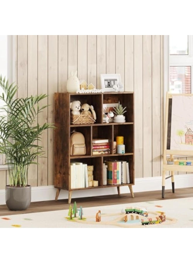 ACPLAY 7-Cube Wooden Bookshelf, 3-Tier Floor Standing Bookcase with Legs, Vintage Brown Storage Organizer & Display Cabinet for Living Room, Bedroom, and Office - Image 5