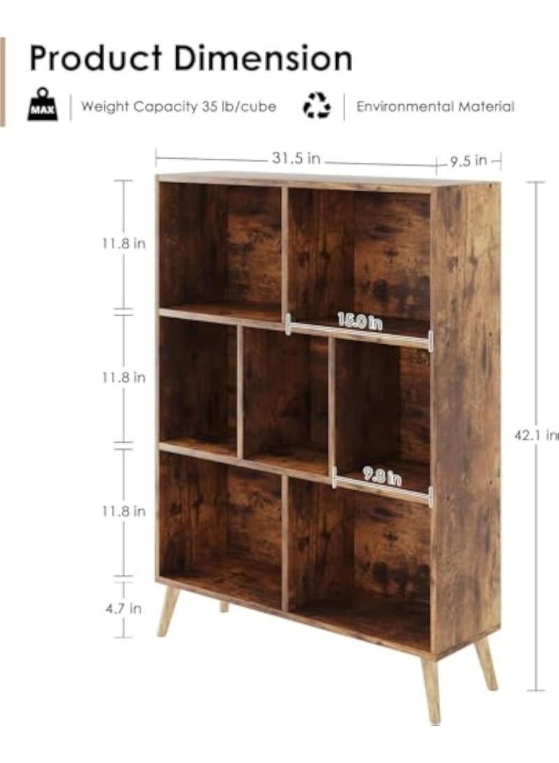 ACPLAY 7-Cube Wooden Bookshelf, 3-Tier Floor Standing Bookcase with Legs, Vintage Brown Storage Organizer & Display Cabinet for Living Room, Bedroom, and Office - Image 4