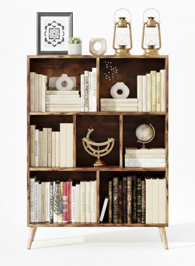 ACPLAY 7-Cube Wooden Bookshelf, 3-Tier Floor Standing Bookcase with Legs, Vintage Brown Storage Organizer & Display Cabinet for Living Room, Bedroom, and Office - Image 2