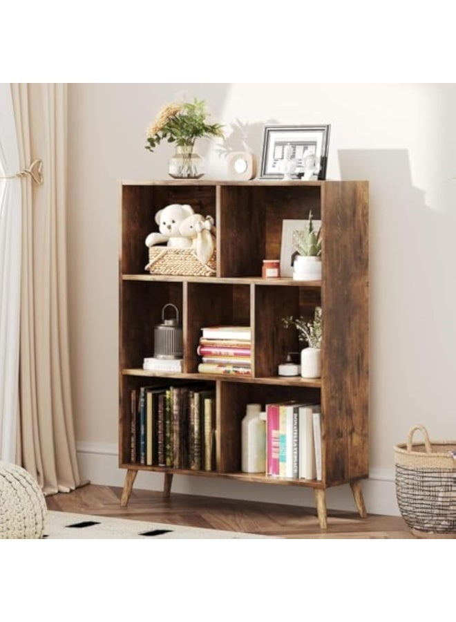 ACPLAY 7-Cube Wooden Bookshelf, 3-Tier Floor Standing Bookcase with Legs, Vintage Brown Storage Organizer & Display Cabinet for Living Room, Bedroom, and Office - Image 1