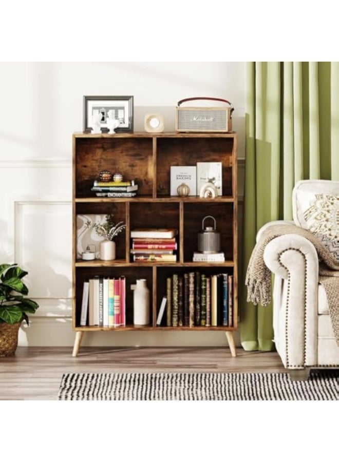 ACPLAY 7-Cube Wooden Bookshelf, 3-Tier Floor Standing Bookcase with Legs, Vintage Brown Storage Organizer & Display Cabinet for Living Room, Bedroom, and Office - Image 3