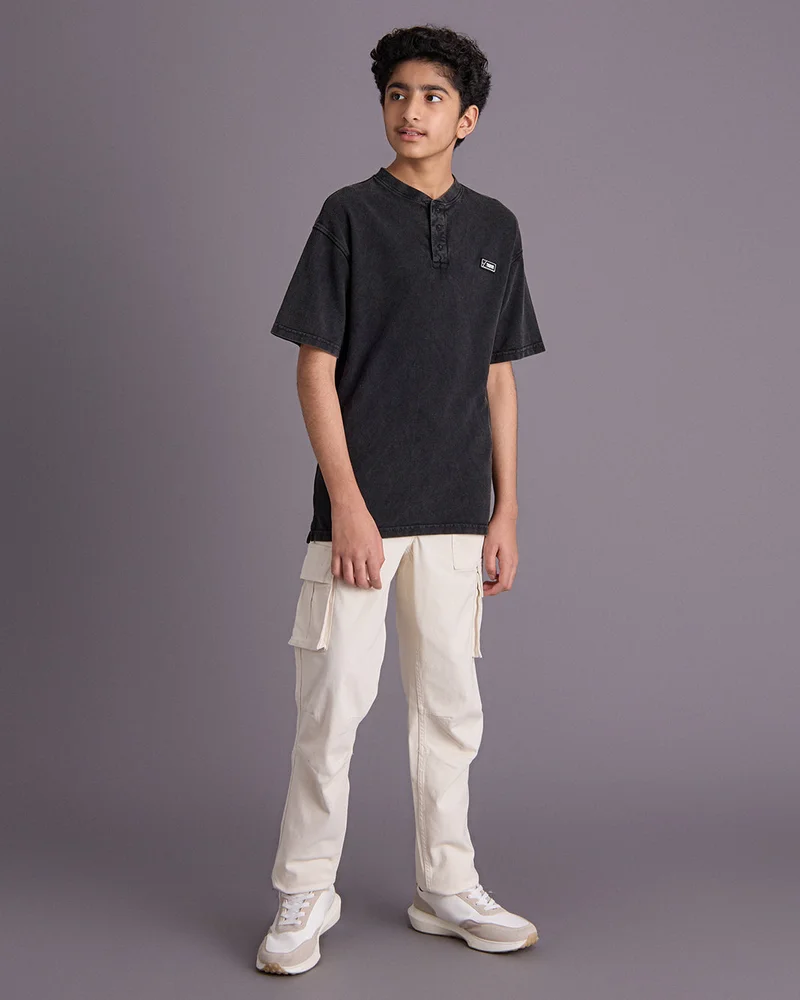 Redtag Senior Boys Black Henley T-Shirt