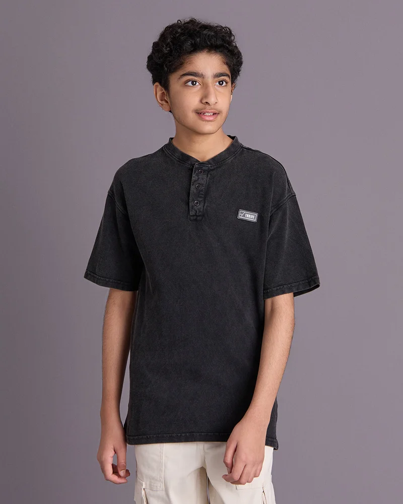 Redtag Senior Boys Black Henley T-Shirt