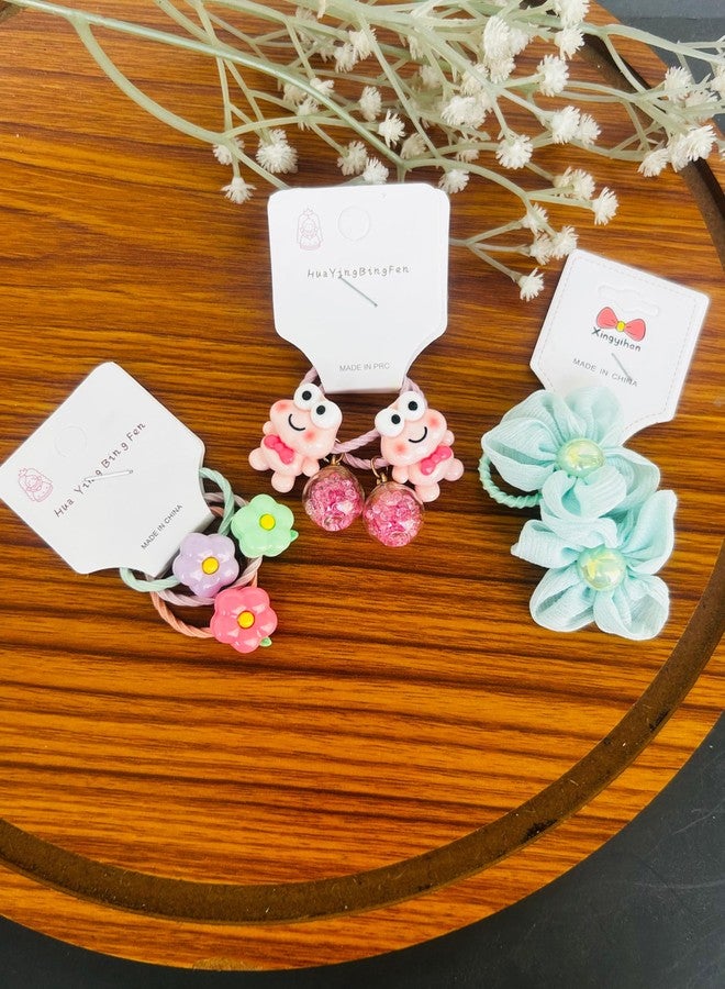 Radhya Accessories Cartoon Hairties for Girls (Pack of 6-3 pairs) Flower Rubberbands for Kids Toddlers Baby Girl Doll hairties Gift for Kids Korean Hair Accessories (Set 2) - Image 3