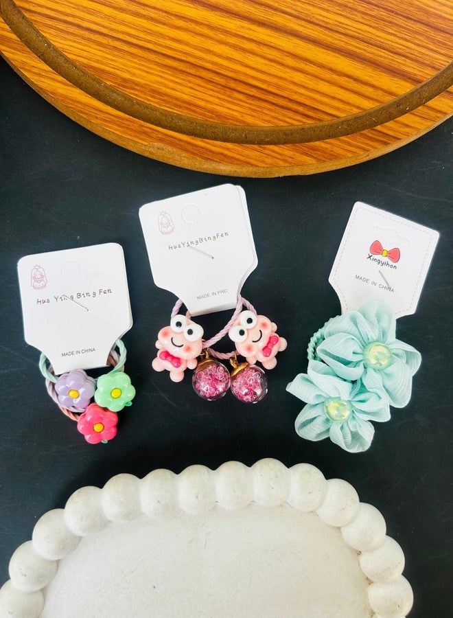 Radhya Accessories Cartoon Hairties for Girls (Pack of 6-3 pairs) Flower Rubberbands for Kids Toddlers Baby Girl Doll hairties Gift for Kids Korean Hair Accessories (Set 2) - Image 1