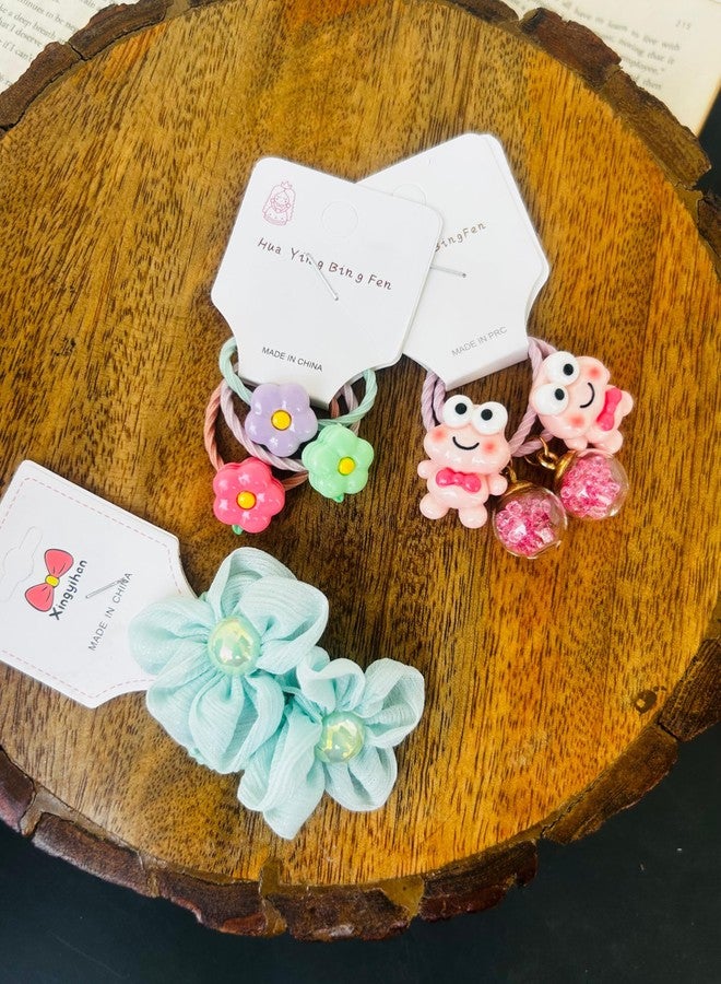 Radhya Accessories Cartoon Hairties for Girls (Pack of 6-3 pairs) Flower Rubberbands for Kids Toddlers Baby Girl Doll hairties Gift for Kids Korean Hair Accessories (Set 2) - Image 2