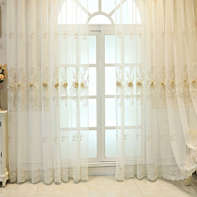 1PC European Style Polychrome Embroidered Lace Floral Sheer Curtain 100cm X 270cm For Living Room And Bedroom - Image 4