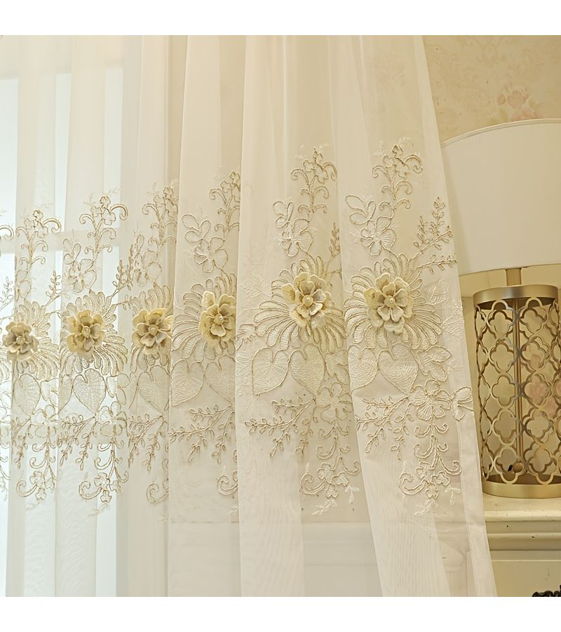 1PC European Style Polychrome Embroidered Lace Floral Sheer Curtain 100cm X 270cm For Living Room And Bedroom - Image 5