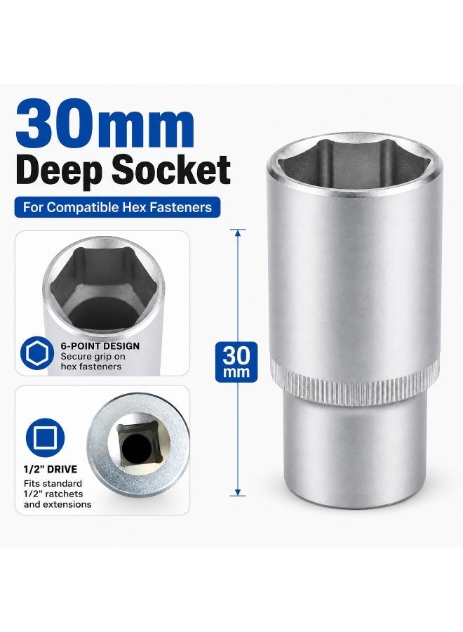 30mm Deep Socket Wrench, 1/2 Inch Square Drive, 6 Point Chrome Vanadium Steel Socket for Ratchet, Breaker Bar, Automotive Repair and Workshop Use - Image 2