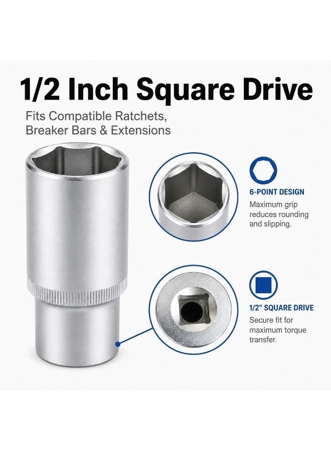 30mm Deep Socket Wrench, 1/2 Inch Square Drive, 6 Point Chrome Vanadium Steel Socket for Ratchet, Breaker Bar, Automotive Repair and Workshop Use - Image 3