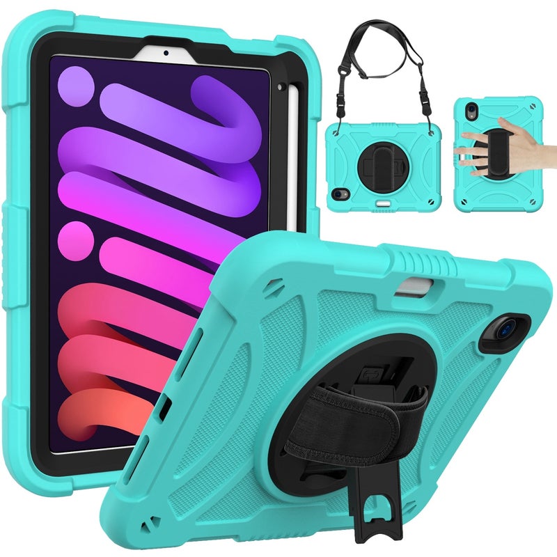 HuHa Protective Cover For iPad mini 6 / mini 2024 PC Hybrid Silicone Tablet Case with Holder & Hand Strap & Shoulder Strap(Mint Green) - Image 1