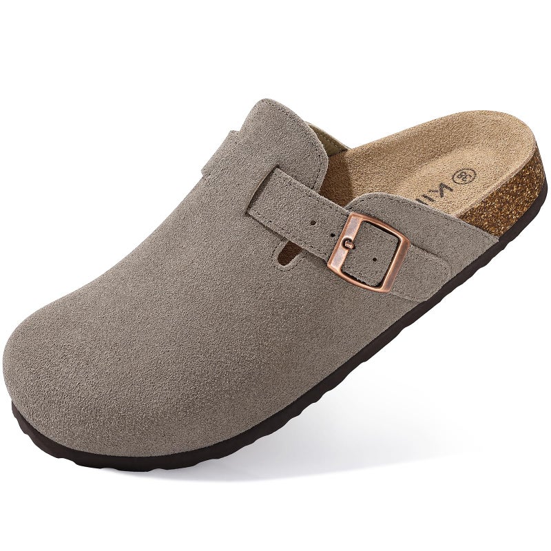 KIDMI Genuine Suede Clogs for Women Cork Footbed Sandals Leather Mules Potato Shoes with Arch Support Concrete Gray 40 (Size 8.5) - Image 1
