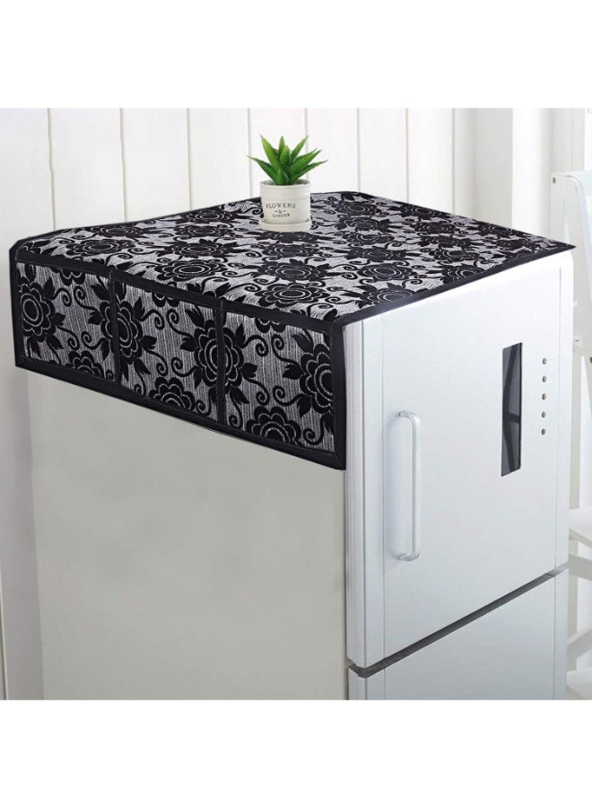 Kuber Industries Fridge Top Cover|Floral Print & Cotton Material|6 Utility Side Pockets With Plain Border|Size 94 x 54 CM, Pack of 1 (Black) - Image 3