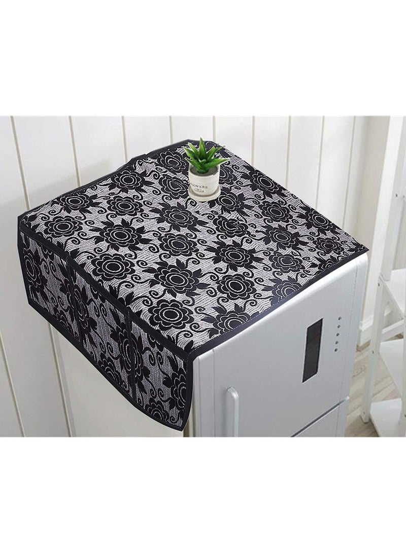 Kuber Industries Fridge Top Cover|Floral Print & Cotton Material|6 Utility Side Pockets With Plain Border|Size 94 x 54 CM, Pack of 1 (Black) - Image 4