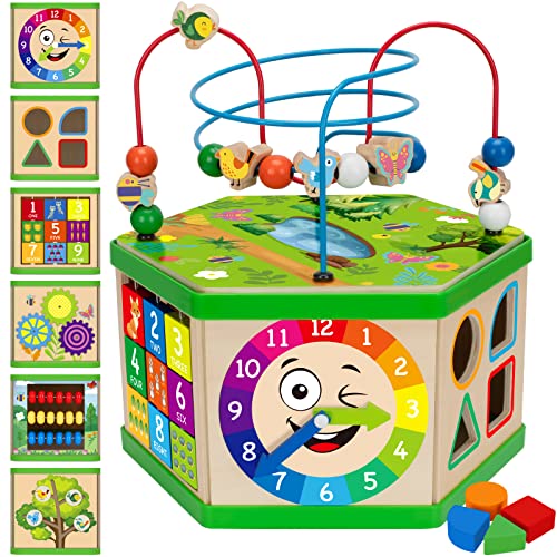Duchong Wooden Activity Cube for 1 Year old 1218 Month Boys Girls 7in1 STEM Montessori Early Developmental Learning Toys for Kids Aged 12 Ideal 1st Birthday Gift Toys for Baby Toddlers Green - Image 1