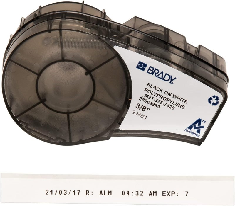 Brady Authentic (M21-375-7425) Chemical and Temp Resistant Label for Lab, Asset Tracking, and Datacom Labeling, BlackonWhite- For M210, M210-LAB, M211, BMP21-PLUS and BMP21-LAB Printers, .375" W 21' L - Image 1
