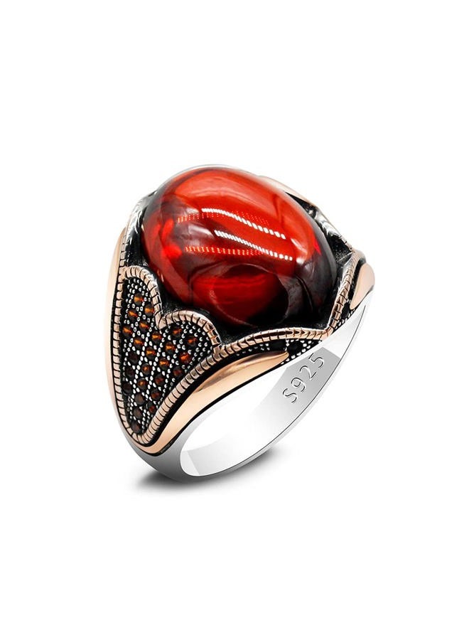 LovePlus Solid Silver Men Rings Red Garnet Stone Men's Ring Handmade Turkish Vintage Ring Luxury Jewelry Bands, 11, Metal, Garnet - Image 1