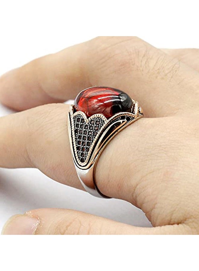 LovePlus Solid Silver Men Rings Red Garnet Stone Men's Ring Handmade Turkish Vintage Ring Luxury Jewelry Bands, 11, Metal, Garnet - Image 4