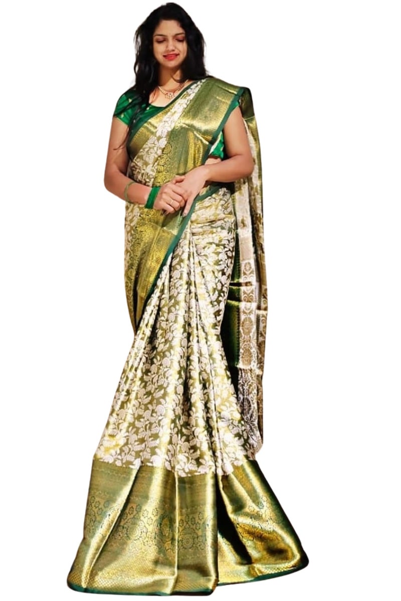 SGF11 Women's Kanjivaram Silk Sarees With Unstitched Blouse Piece (Green01) - Image 4