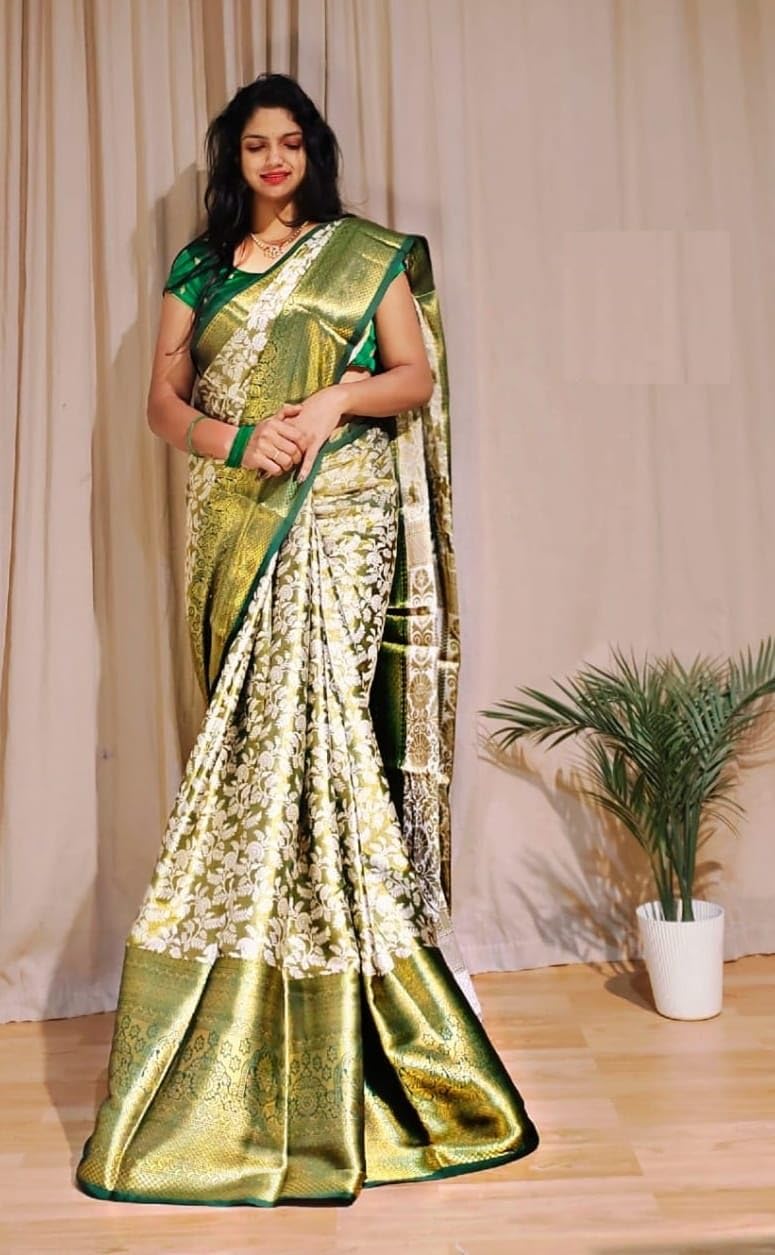 SGF11 Women's Kanjivaram Silk Sarees With Unstitched Blouse Piece (Green01) - Image 2