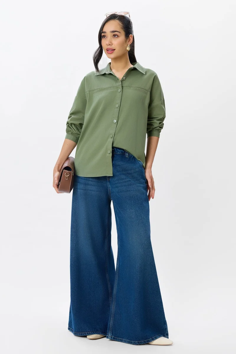 فيرجيو Solid Cotton Welt Pocket Twill Shirt for Women