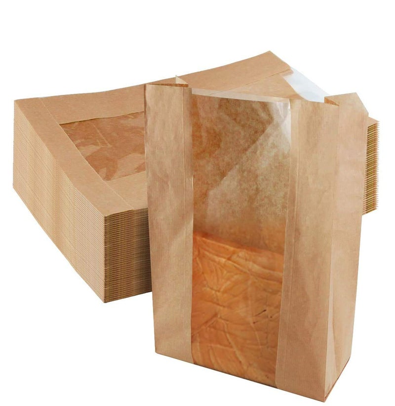 Newbested 30 Pack Kraft Paper Bread Loaf Bag with Clear Front Window,Brown Bakery Cookie Food Coffee Storage Packaging Treat Bag (14" x 8.3" x 3.5") - Image 1