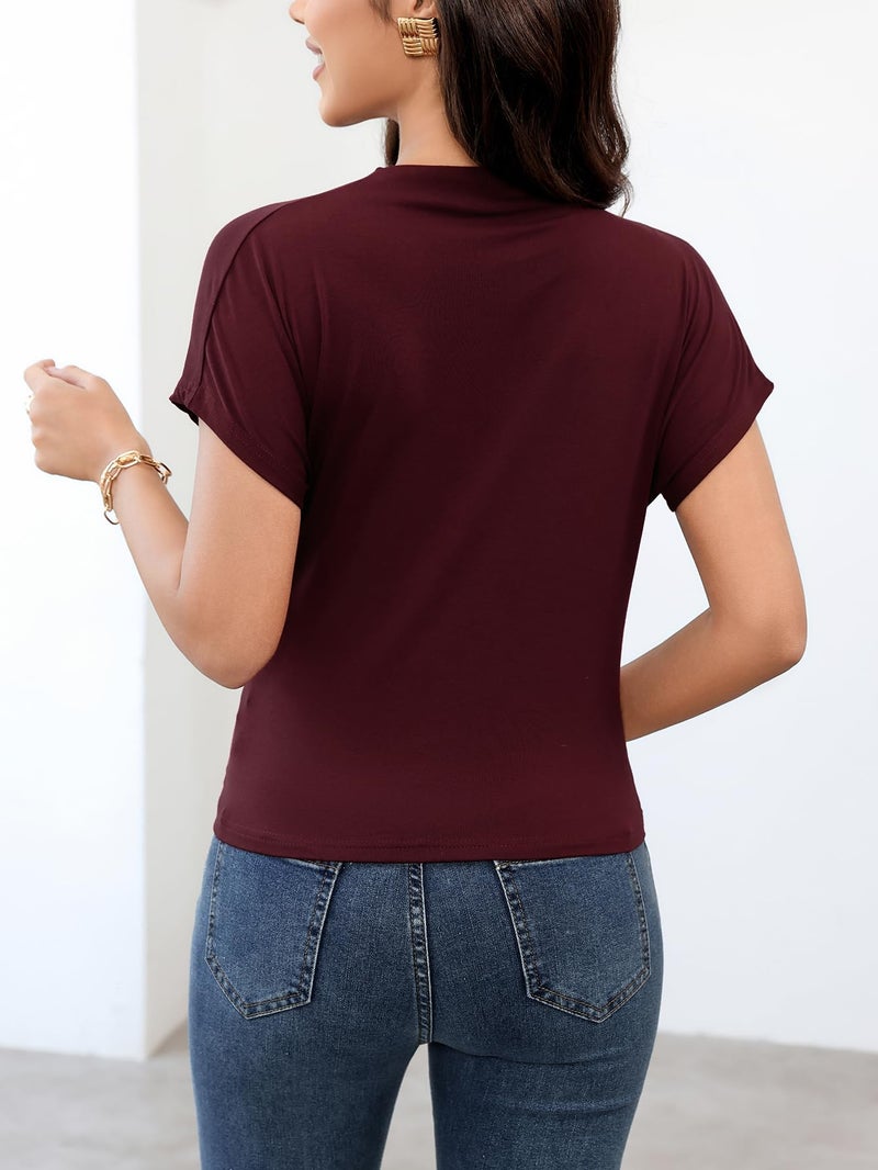 SweatyRocks Women's Casual Short Sleeve Mock Neck Tee Top Asymmetric Ruched Plain T Shirt Burgundy Medium - Image 2