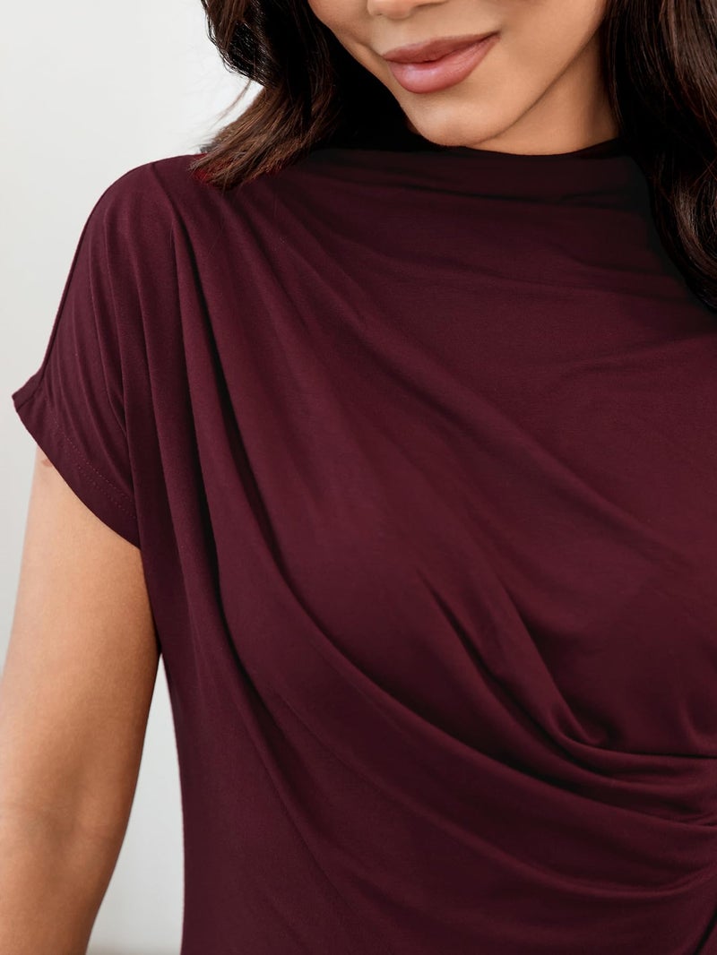 SweatyRocks Women's Casual Short Sleeve Mock Neck Tee Top Asymmetric Ruched Plain T Shirt Burgundy Medium - Image 4