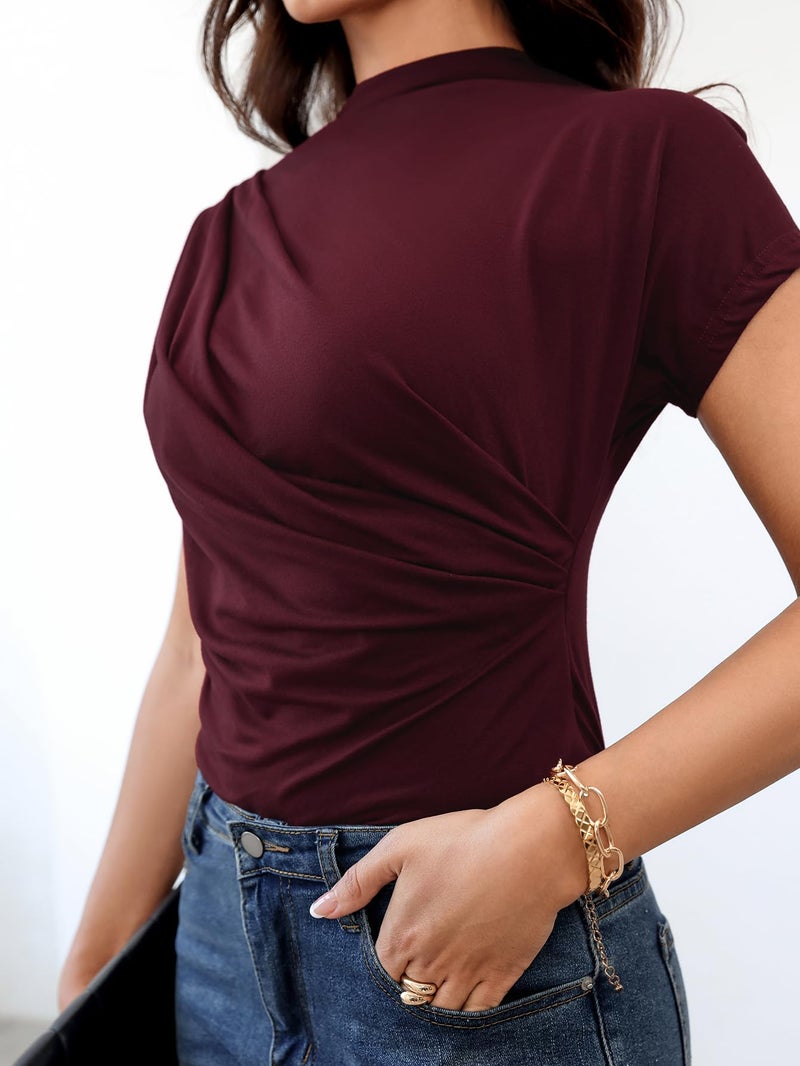 SweatyRocks Women's Casual Short Sleeve Mock Neck Tee Top Asymmetric Ruched Plain T Shirt Burgundy Medium - Image 3