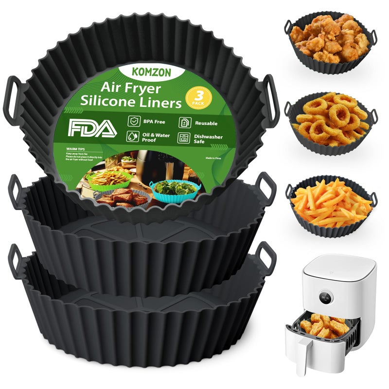 Komzon 3 Pack Air Fryer Silicone Liners, 8Inch Airfryer Liners, AirFryer Basket Liner, Reusable Food Grade Air Fryers Basket Pots Oven Liner Baking Tray, Air Fryer Silicone Mat Accessories Kitchen - Image 1