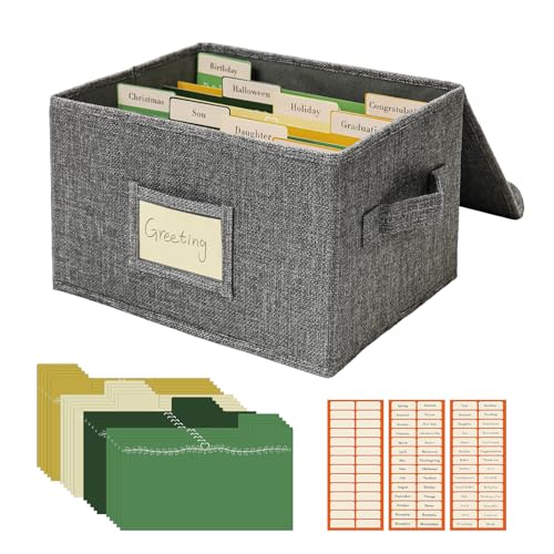 Vienrose Greeting Card Organizer Storage Box with 20 Removable Dividers 84 Selfstick Labels Perfect for Photos Envelopes Scrapbooking Paper Stickers Holder 1 Pack Grey - Image 1