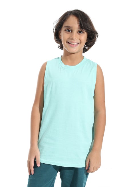 Cut Sleeves Loose Fit Basic T-Shirt_Aqua Blue