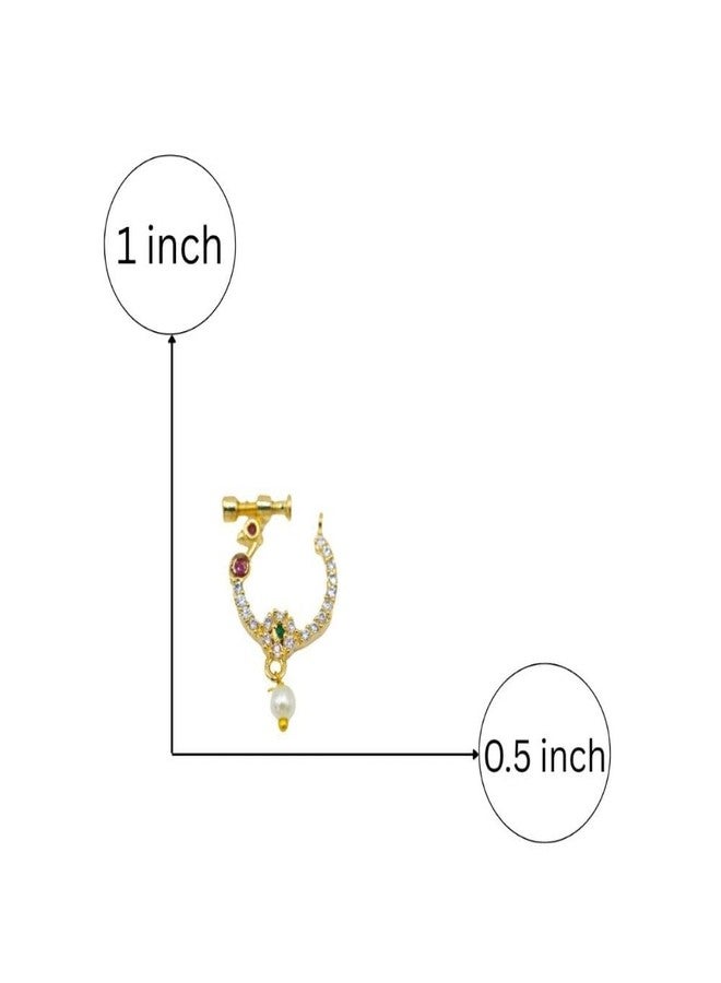 ZEELLO Gold Plated Nose Ring, Multicolor Stones, Pearl Drop, Traditional Indian Jewelry - Image 4