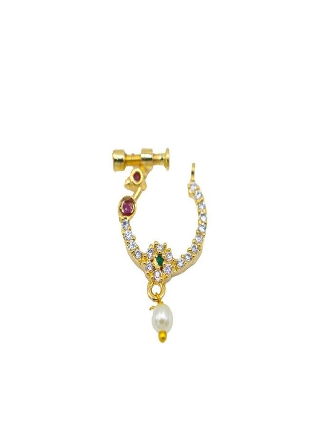 ZEELLO Gold Plated Nose Ring, Multicolor Stones, Pearl Drop, Traditional Indian Jewelry - Image 1